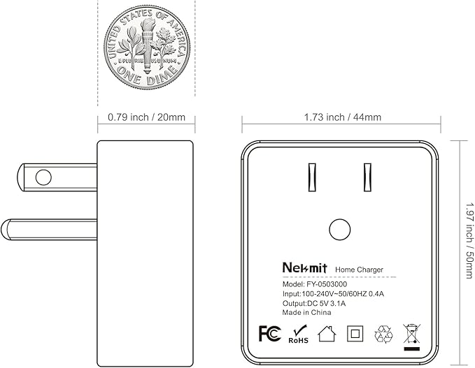 Nekmit Dual Port Ultra Thin Flat USB Wall Charger with Smart IC, White