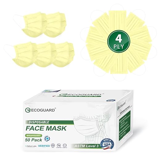 Disposable Face Masks Made in USA, 4 Ply for Families, Students, Breathable All-Day Wear & Safety, FSA HSA Eligible, ASTM Level 3 Medical Grade, 50 Pack, Light Yellow