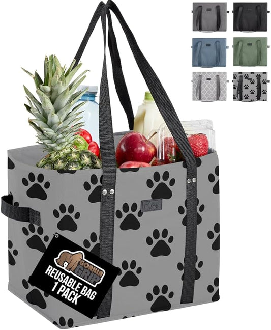 GORILLA GRIP Heavy Duty Foldable Reusable Grocery Bags, Tear Resistant Box Shape Shopping Tote with Reinforced Handles, Grip Feet, Easily Carry and Transport Groceries, 13x10x11, 1 Pack Paw Gray Black