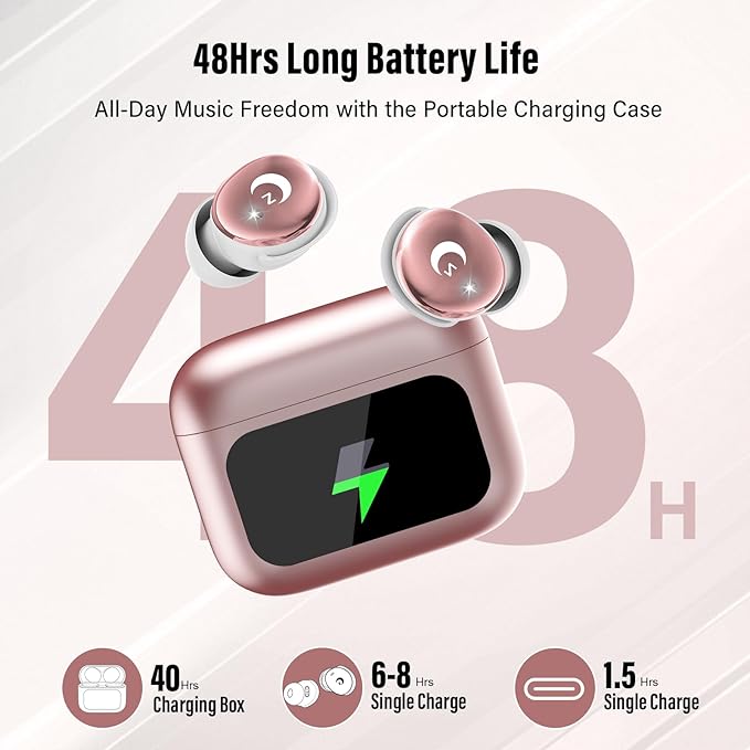 Sleep Earbuds Bluetooth 5.4 in Ear Smart Touch Screen Ear Buds, 48H Mini Sleep Headphones Small Design for Side Sleepers, Crystal-Clear Calls, 5 EQ Modes, IPX7 Waterproof Earphones Rose Gold