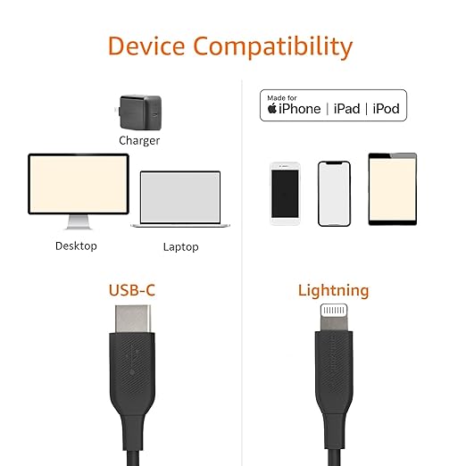 Amazon Basics Fast Charging USB-2.0 USB-C to Lightning Cable (MFi Certified), Durable, 6 Feet, Black