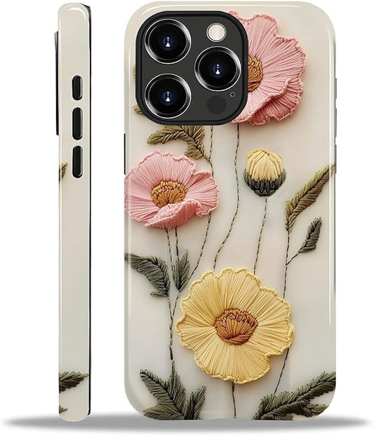 Case for iPhone 15 Pro Case,Faux Embroidery Boho Floral Design - Hybrid Dual Protection Silicone + Hard PC Shockproof Full Body Cover Slim Anti-Scratch Protective Case for Men Women
