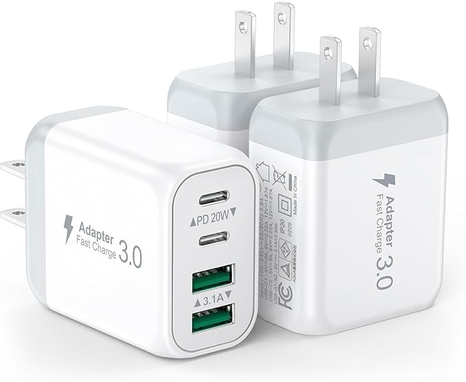 3 Pack USB Wall Charger,Fast USB C Charger Block 4 Port PD Power Adapter,QC Wall Plug Multiport Type C Charging Cube for iPhone 16 15 Plus 14 Pro Max 14 Pro 13 12 11, AirPods4，watch10 ultra2