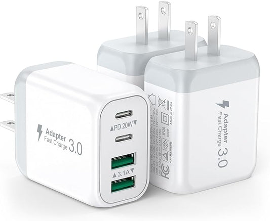 3 Pack USB Wall Charger,Fast USB C Charger Block 4 Port PD Power Adapter,QC Wall Plug Multiport Type C Charging Cube for iPhone 16 15 Plus 14 Pro Max 14 Pro 13 12 11, AirPods4，watch10 ultra2