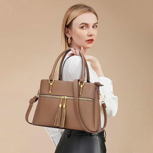 KKXIU Women Satchel Bags Handle Shoulder Handbags and Purses Pockets Zipper Leather Crossbody Bags