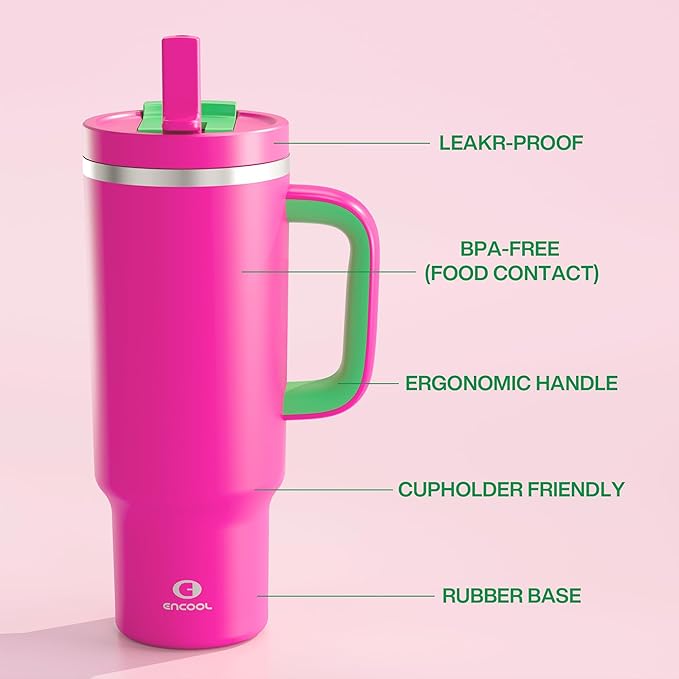 40 oz Tumbler with Handle and Straw: Stainless Steel Insulated Tumbler Keeps Cold for 24 Hours, Leakproof Travel Cup Fits in Cup Holder and BPA-Free, Knockout Pink