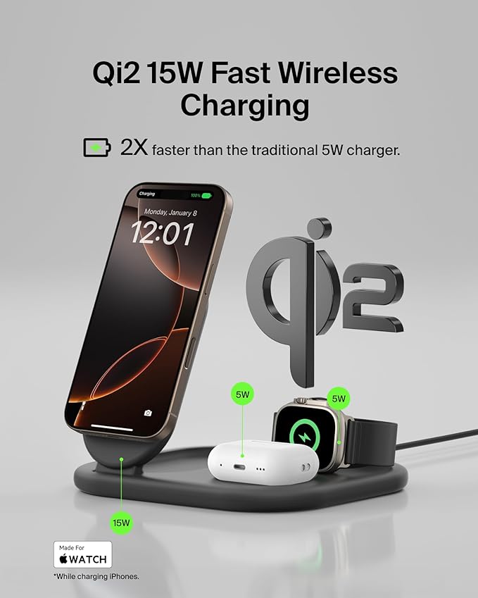 Belkin 3-in-1 MagSafe-Compatible iPhone Charger 15W, Foldable Magnetic Qi2-Certified Wireless Charging Station for iPhone 17, Apple Watch Series 10, AirPods 4, Pixel 10, w/Non-Slip Base & PSU - Black