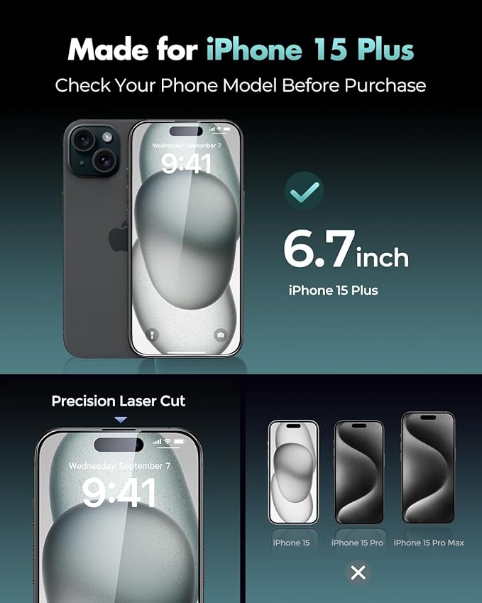 UNBREAKcable 3-Pack Screen Protector for iPhone 15 Plus Tempered Glass - [One-Pull Perfection] [Auto Dust-Elimination] [9H+ Hardness] [99.99% HD Clear] Full Coverage for iPhone 6.7 inch