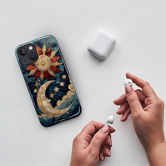 Case for iPhone 14 Plus Case,Sun Moon Stars Faux Stained Glass Design Hybrid Dual Protection Silicone + Hard PC Shockproof Full Body Cover Slim Anti-Scratch Protective Case for Men Women