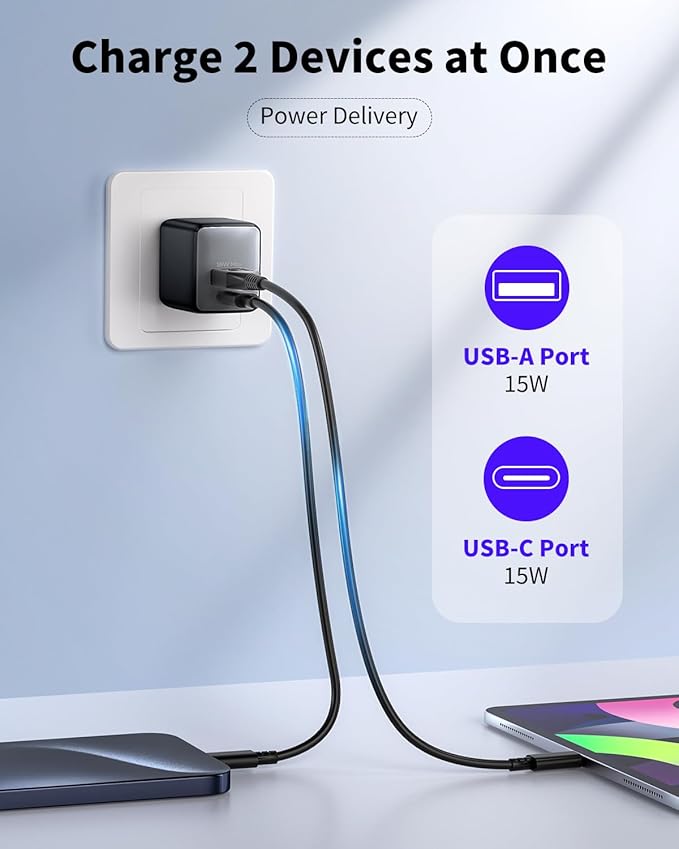 USB C Charger Block, 30W USB C Charger Fast Charging, Dual-Port Compact with Foldable Plug, Compatible with 16/16 Pro/15/15 Plus/15 Pro/15 Pro Max/14/13/12/11