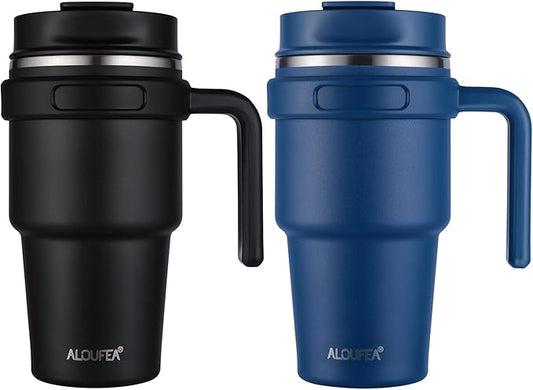 ALOUFEA 20 oz Insulated Coffee Mug Tumbler with Handle, Stainless Steel Travel Mug Tumbler with Lid and Straw,Double Wall Vacuum Leak Proof Ice Coffee Thermal Cup, Black and Navy