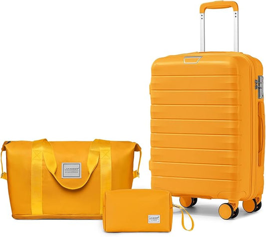LARVENDER Luggage Sets 3 Piece, Hardside PP Carry On Suitcase with 360° Spinner Wheels TSA Lock Luggage Sets for Women, Yellow
