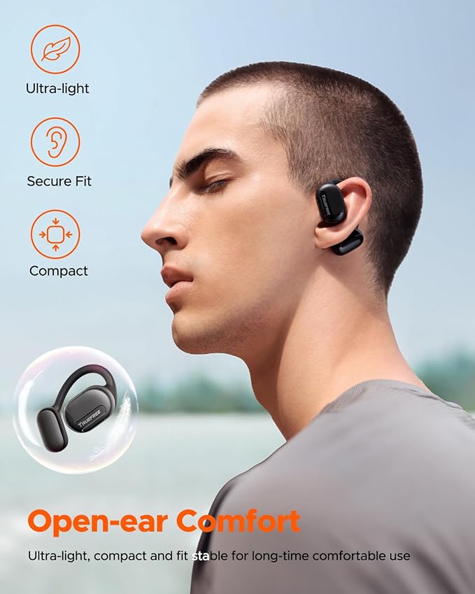 truefree O1 Open Ear Headphones Bluetooth 5.3 Wireless Open Ear Earbuds with 16.2mm Driver, Immersive Stereo Sound, Noise-Cancellation Mic for Clear Calls, 45H Playtime, for Sports Workout