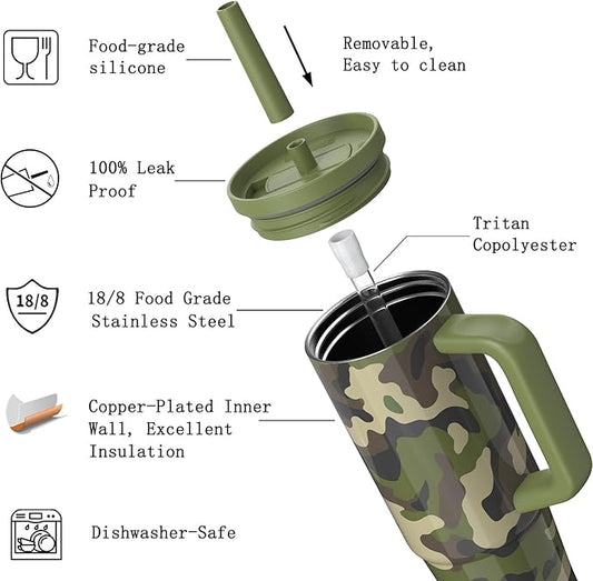 TILUCK 30 oz Tumbler with Handle, Vacuum Insulated Stainless Steel Travel Mug with 100% Leak-Proof Silicone Straw Lid, Cupholder Friendly Water Bottle(Camouflage, 30oz)