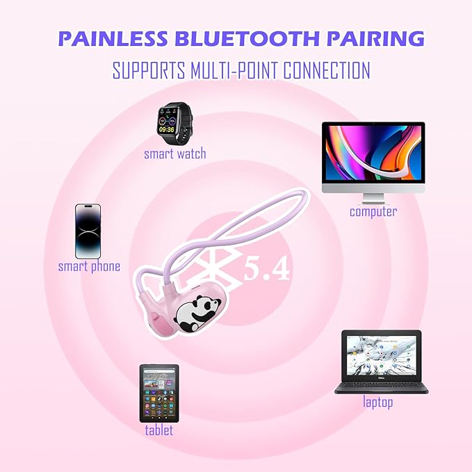 Kids Headphones Wireless, Safe 85db Volume Limit, Latest Bluetooth V5.4, Open Ear Headphones with Mic for School Tablet Car Trip Flight, Cute Panda Earphones for Boys and Girls