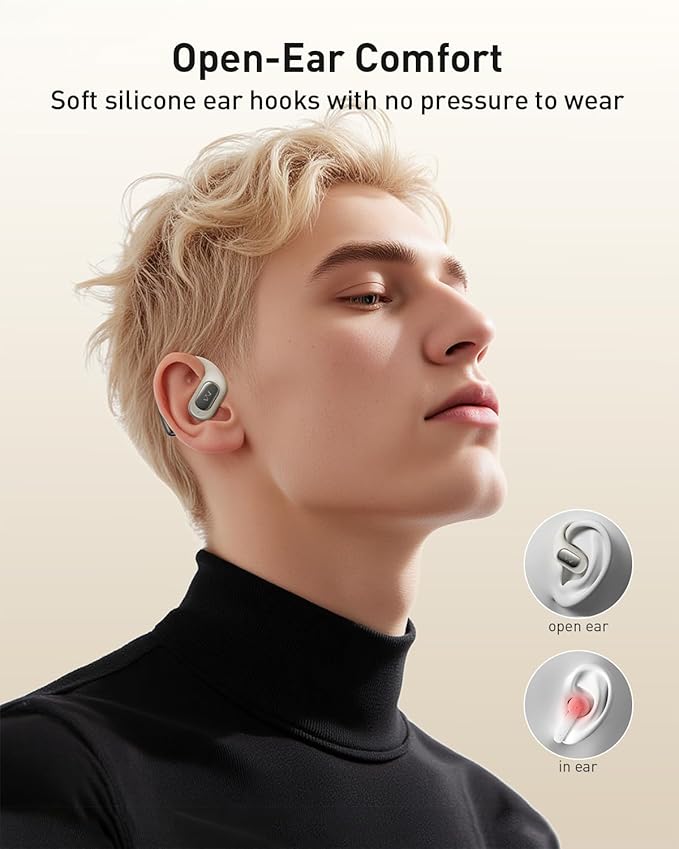 iWALK Open-Ear Headphones, True Wireless Headphones Bluetooth 5.4 Light Earbuds, Ultra Comfort Earhooks, 35H Playtimes, Clear Calls, Air Conduction Stereo Sound with 15mm Drivers for Workouts (Beige)