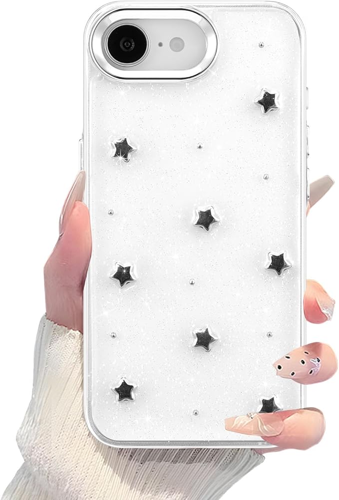 EYZUTAK Case for iPhone 16e, Bling Glitter 3D Stars Phone Case Cute Sparkly Crystal Clear Star Aesthetic Design Cover Slim Soft Durable TPU Transparent Protective Cover for Women Girls - Star