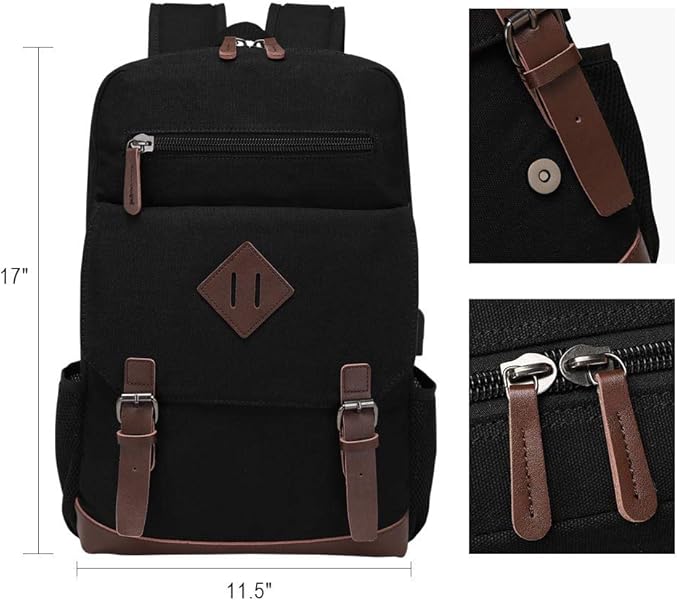 Canvas Backpack for Men Women, Vintage Rucksack Fits Most 15.6 Inch Laptop, Bookbag with USB Charging Port, Black