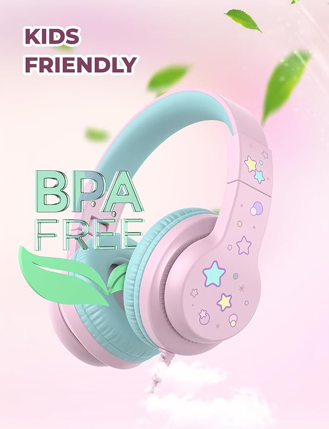 iClever Kids Headphones for School/Travel with Safe Volume 85dBA, HS19S Stereo Sound Over-Ear Girls Boys Headphones for Kids, Foldable 3.5mm Wired Headphone for iPad/Computer