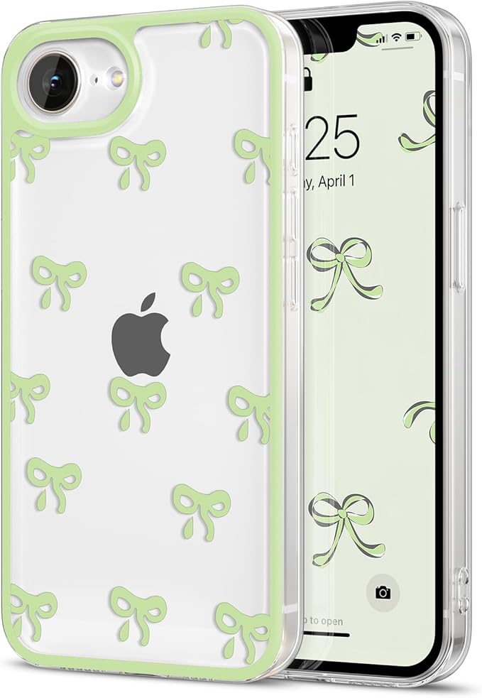 EYZUTAK Case for iPhone 16e, Clear Cute Ribbon Bowknot Pattern Aesthetic Transparent Phone Case Raised Camera Protection Stylish Slim Soft Durable TPU Protective Cover for Women Girls - Green