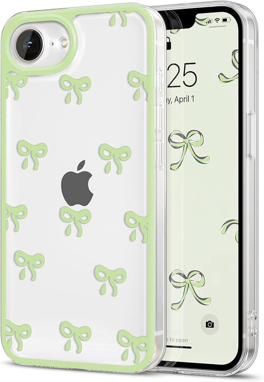 EYZUTAK Case for iPhone 16e, Clear Cute Ribbon Bowknot Pattern Aesthetic Transparent Phone Case Raised Camera Protection Stylish Slim Soft Durable TPU Protective Cover for Women Girls - Green