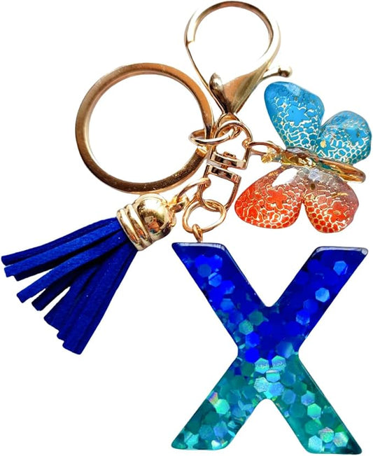 Cute Initial Letter Keychains for Women Girls Tassel Butterfly Pink Purple Green Keychain for Backpack School Bag