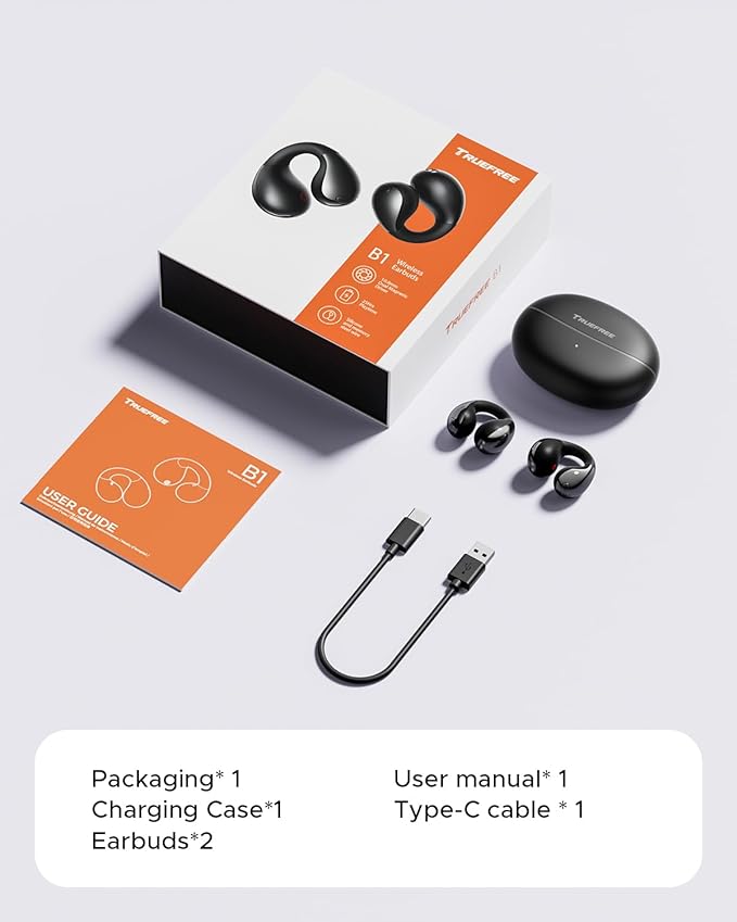 truefree B1 Open-Ear Wireless Earbuds, Bluetooth 5.4 Headphones with Spatial Audio, Ultra-Light Clip-On Fit, 25H Battery, Fast Charging, Multipoint Connection, App Customization, Workouts, Commute