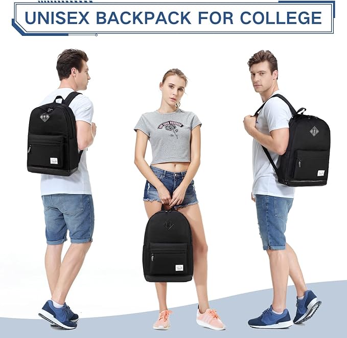 VASCHY Backpack for Men Women, Water-Resistant School Backpack Bookbag Daypack for Teens/College Students Plain Black