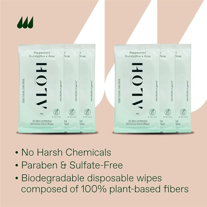 ALŌH Peppermint Eucalyptus Sanitizing Hand Wipes - Clean Hands, Clear Mind On The Go Sanitizer for Kids and Adults - Travel Size 6 packs of 20ct Wipes (120 Wipes)