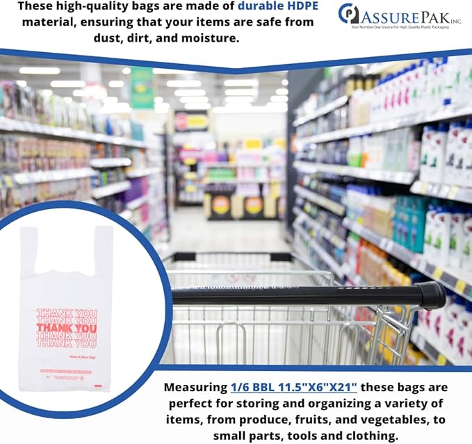 White 'Thank You' HDPE T-Shirt Bags - Grocery Bags with Handles – 1/6 BBL Size 11.5"x6"x21" – 15 Microns – 1000 units – Thank You Shopping Bags for Retail, Takeout, Restaurant Supplies – AssurePak