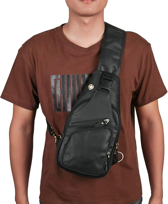 Le'aokuu Men Fashion Casual Tea Designer Travel Hiking Crossbody Chest Sling Bag Rig One Shoulder Strap Bag Men Leather 8015