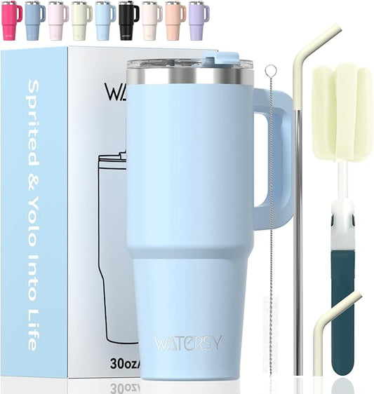 30 oz Tumbler with Handle,Tumbler with Lid and Straw,Double Wall Insulated Cup Stainless Steel Travel Mug(Cold for 34 Hours),Water Bottle for Iced Tea,Coffee,Cold Beverages(Blue)