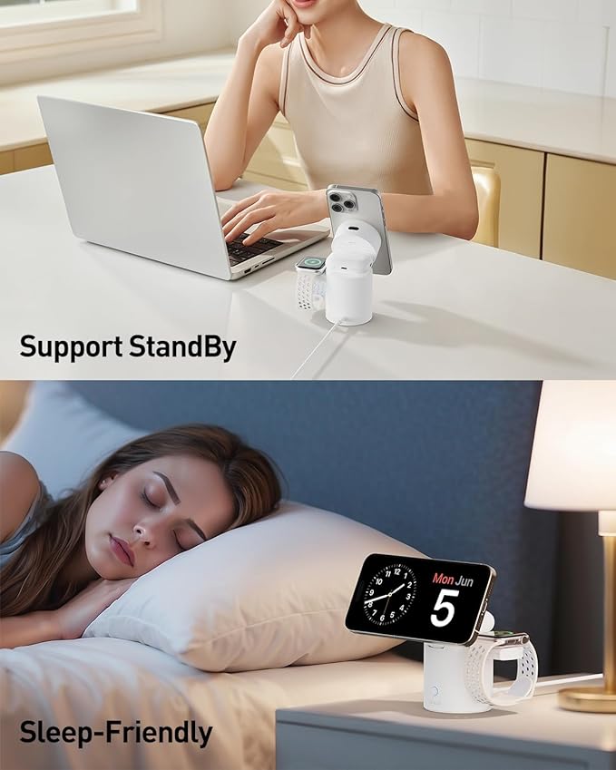iWALK 3 in 1 Wireless Charging Stand with Auto Rotation, Charging Station with Magnet for Apple Devices, 15W Foldable Wireless Charger Station for iPhone 16 15 14 13 12 & Apple Watch & Airpods, White