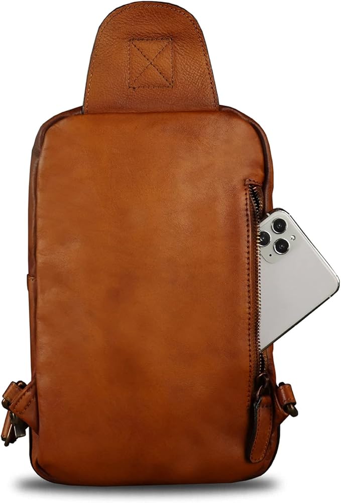 Genuine Leather Sling Bag Casual Shoulder Hiking Backpack Vintage Handmade Crossbody Bag Retro Chest Daypack (Brown)