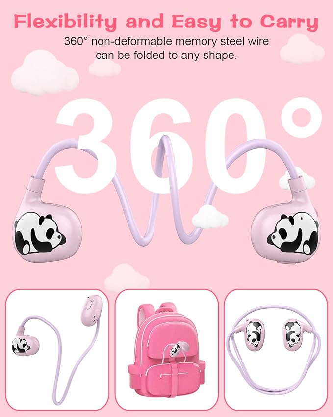 BANIGIPA Kids Headphones, Open Ear Headphones w/Cute Panda, Wireless Bluetooth 5.4 Headset w/Mic for Home School Traveling, 13g Ultra-Light Comfort, Protection Hearing, IPX4 Waterproof, 10H Playtime