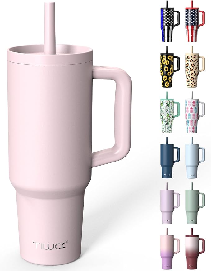 TILUCK 40 oz Tumbler with Handle, Vacuum Insulated Stainless Steel Travel Mug with 100% Leak-Proof Silicone Straw Lid, Cupholder Friendly Water Bottle(LightPink, 40oz)