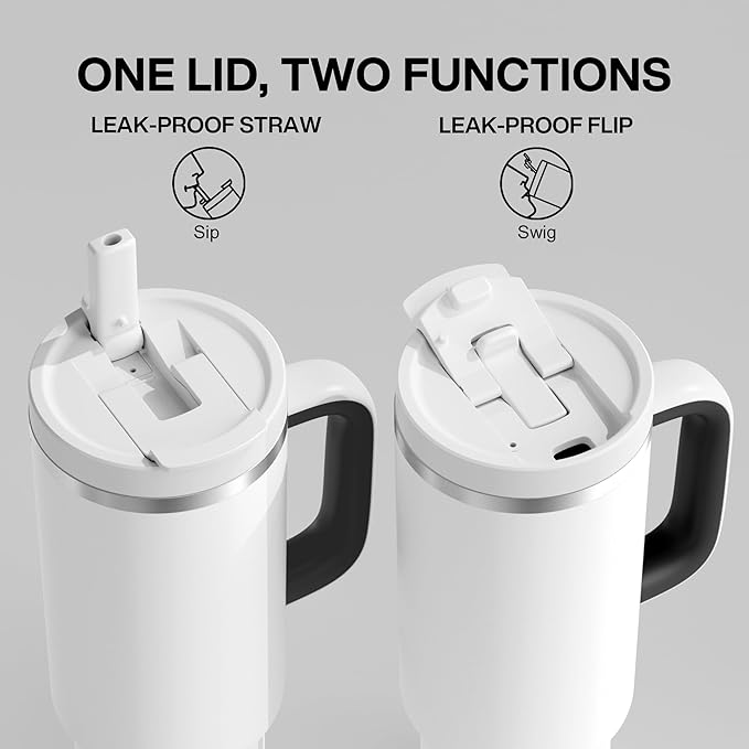40 oz Tumbler with Handle and Straw: Stainless Steel Insulated Tumbler Keeps Cold for 24 Hours, Leakproof Travel Cup Fits in Cup Holder and BPA-Free, Polar White