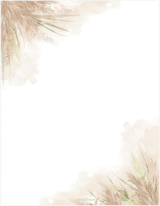 Pampas Grass Letterhead / 40 Decorative Printer Sheets / 8.5" x 11" All Occasion Bridal Shower Celebration Special Event Paper/Beautiful Watercolor Floral Stationery