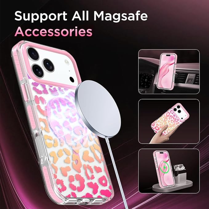 SAKUULO Magnetic for iPhone 17 Pro Max Case with Screen Protector [Compatible with MagSafe] Colourful Leopard Print Pattern Wireless Charge Strengthen Protection Cover Colourful Leopard (6.9")