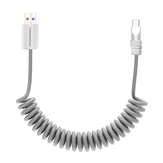 chubbycable Curly Chubby Retractable Fast Charging Cable 120W Coiled Charger Cord for Car Durable USB C Cable Compatible with iPhone 16/15 Series, Gray, USB-A to Type-C, 1.3FT-2.3FT