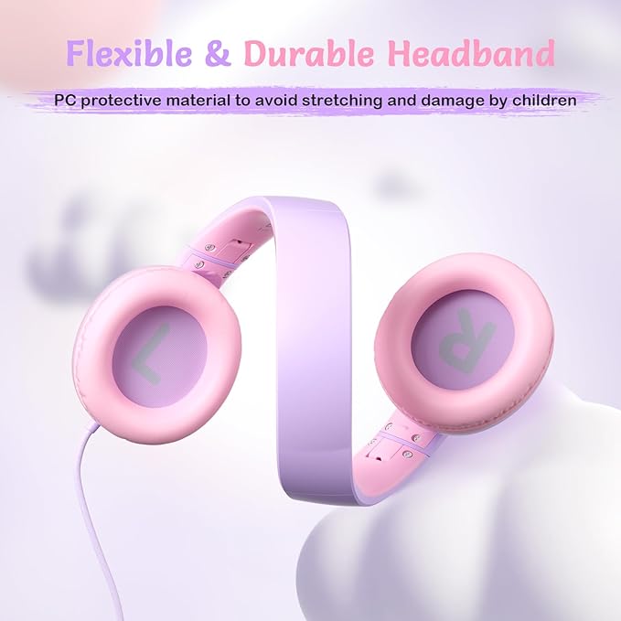 Kids Wired Headphones with Microphone, Volume Limited to 85/94dB Earphone for Boys & Girls, Foldable 3.5mm Jack Headset for School & Travel, Includes Portable Case(Purple)
