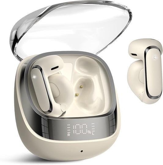 Wireless Earbuds, Clip On Ear Headphones, Bluetooth 5.4 HiFi Stereo Earbuds,42H, LED Display Ear Buds, Comfortable Lightweight, IP7 Waterproof Open Ear Earphones, Earbud for Workouts Running,Off White