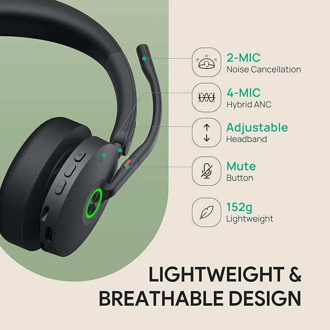 Yealink BH74 Active Noise Canceling Wireless Headset with Mic for Work, 6-mics Hybrid ANC Tech, Microsoft Teams Premium Open Ofﬁce Certified Headsets Bluetooth 5.3, up to 32h Talking, UC Compatible