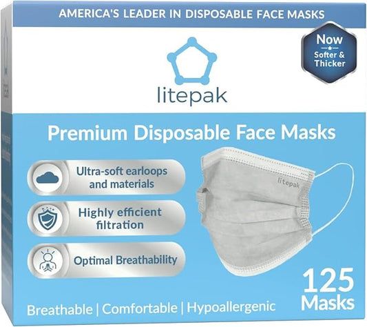 Litepak 125-Pack Disposable Face Mask Premium Comfort Earloops with Dispenser Box (Gray)