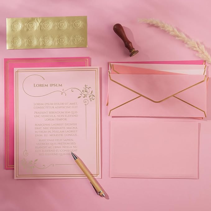 50 Pack 5 Colors Stationery Set with Gold Border, #10 Business Envelopes and 8.5x11 Paper Sheets and Stickers for Writing Letters (Pink)