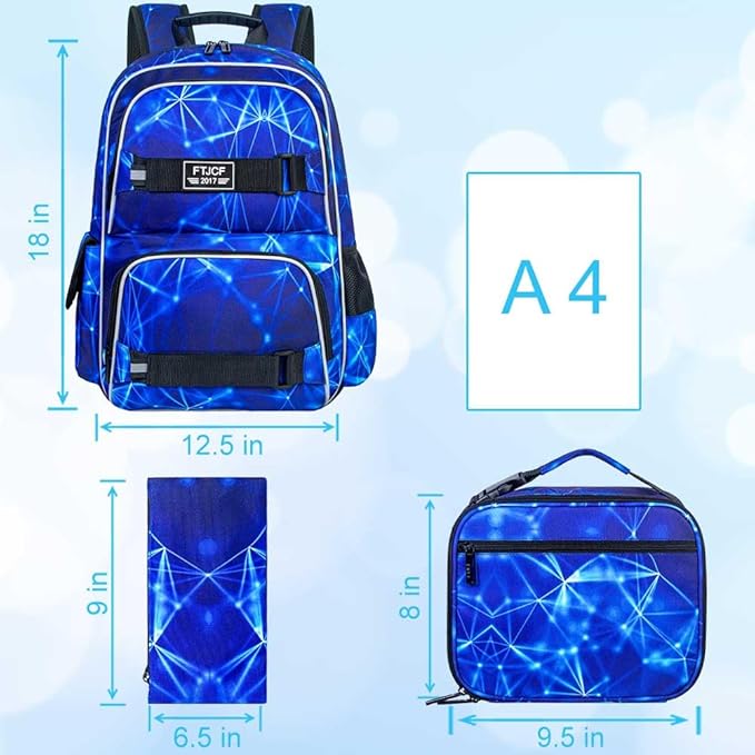 Laptop Backpack, 17 Inch School Bag College Bookbag with Lunch Bag Set, Water Resistant Aurora Backpacks for Teens Boys Man Students (Blue)