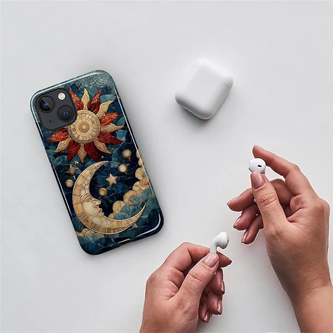 Case for iPhone 15 Plus Case,Sun Moon Stars Faux Stained Glass Design Hybrid Dual Protection Silicone + Hard PC Shockproof Full Body Cover Slim Anti-Scratch Protective Case for Men Women