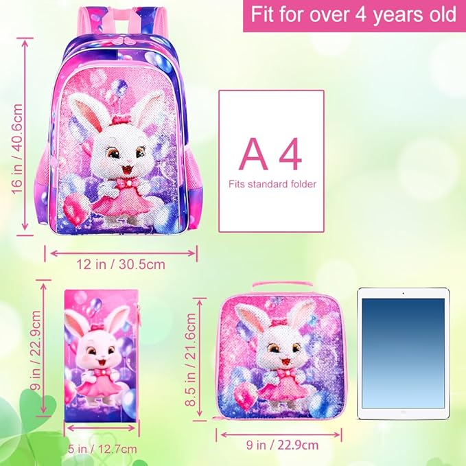 16" Bunny Backpack, 3Pcs Girls Sequin Bookbag for Elementary Preschool Kindergarten, Kids School Backpacks with Lunch Box(Pink)
