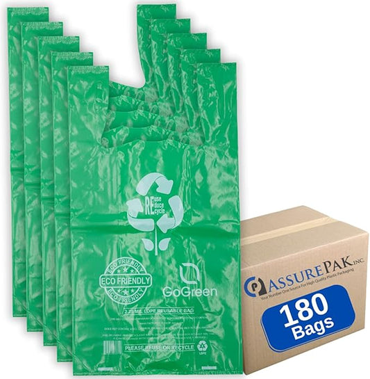 Green Reusable/Eco-Friendly LDPE T-Shirt - 16.5"x7.5"x29" - 180 Bags - 57 Micron (2.25 mil) - Green - GRNLD40REC225REU1729 - AssurePak