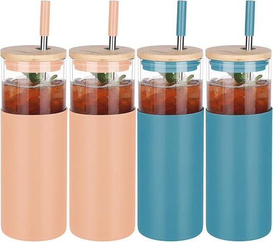 Glass Tumbler w/Lids & Straw - 24oz Reusable Mug w/Bamboo Lid & Stainless Steel Straw - BPA-Free, Leak-Proof, Dishwasher Safe for Coffee, Smoothies, Hot Beverages, Travel, Office, Home Use，4-PK